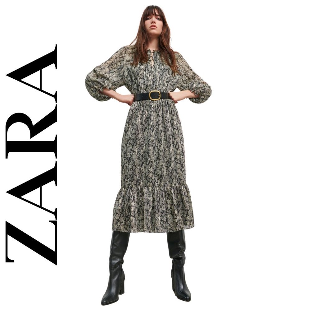 ZARA Snake Print Midi Dress M Belted Metallic Thread Balloon Sleeve Flounce Hem